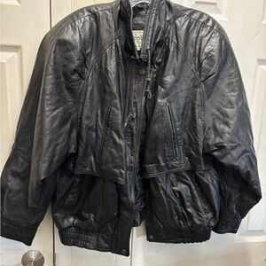 Black Leather Bomber Jacket - Unbranded